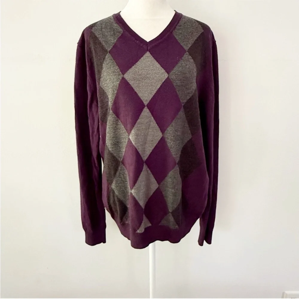 Apt 9 Women Merino Wool Blend Argyle Sweater XL Purple Y2K Dark Academia Preppy